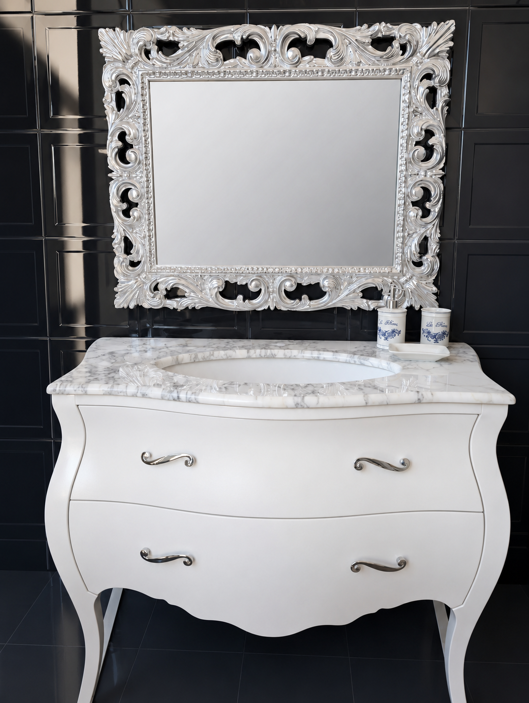 Mobile da bagno in massello stile Barocco shabby, 2 cassetti più specchiera